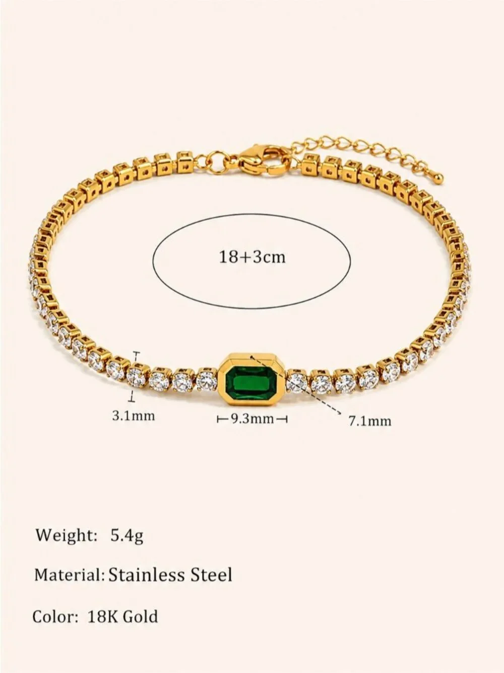 Gold tone Tennis Bracelet with Emerald Green Stone